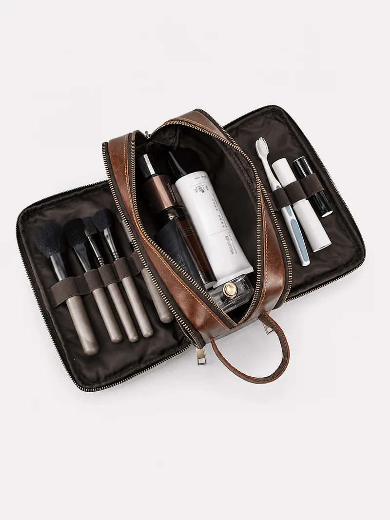 Trousse De Toilette Cuir Pour Homme Véritable Marron Foncé