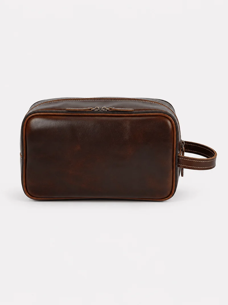 Trousse De Toilette Cuir Pour Homme Véritable Marron Foncé