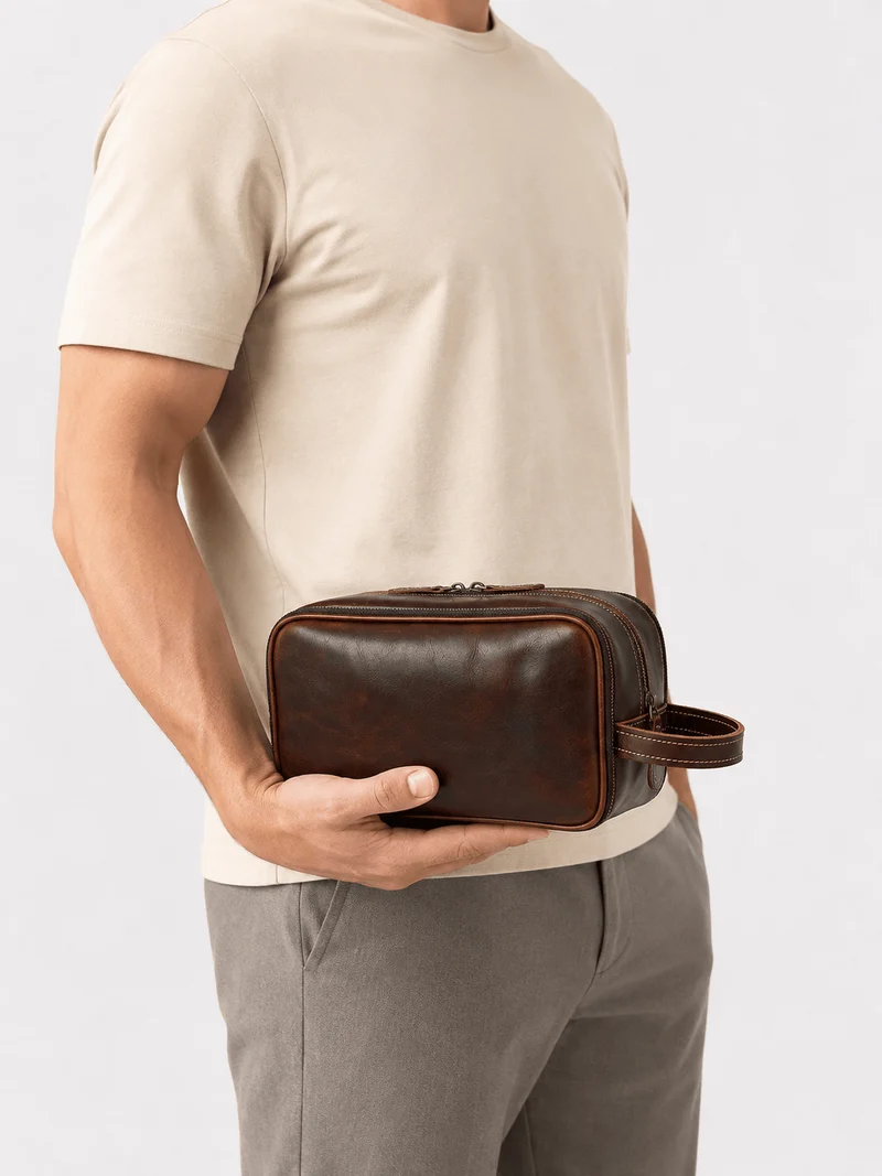 Trousse De Toilette Cuir Pour Homme Véritable Marron Foncé