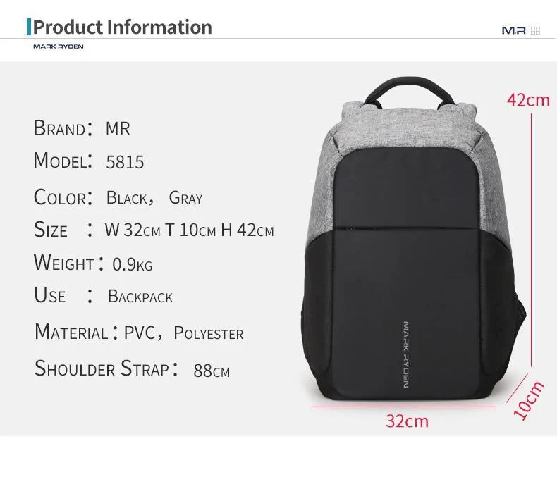 Sac à Dos Anti-Vol Ordinateur Portable | Bretelles Rembourrées Perméables