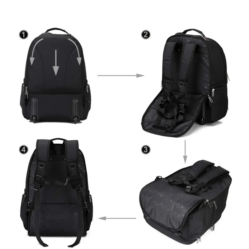Sac à Dos à Roulettes Voyage | Convertible Multi-Poches Tissu Noir