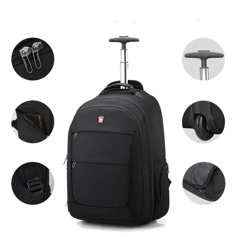 Sac à Dos à Roulettes Voyage | Convertible Multi-Poches Tissu Noir